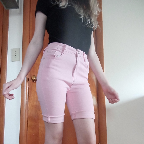 BLUE TOPIC - Bubblegum Pink Denim High Rise Bermuda Shorts - Picture 5 of 6